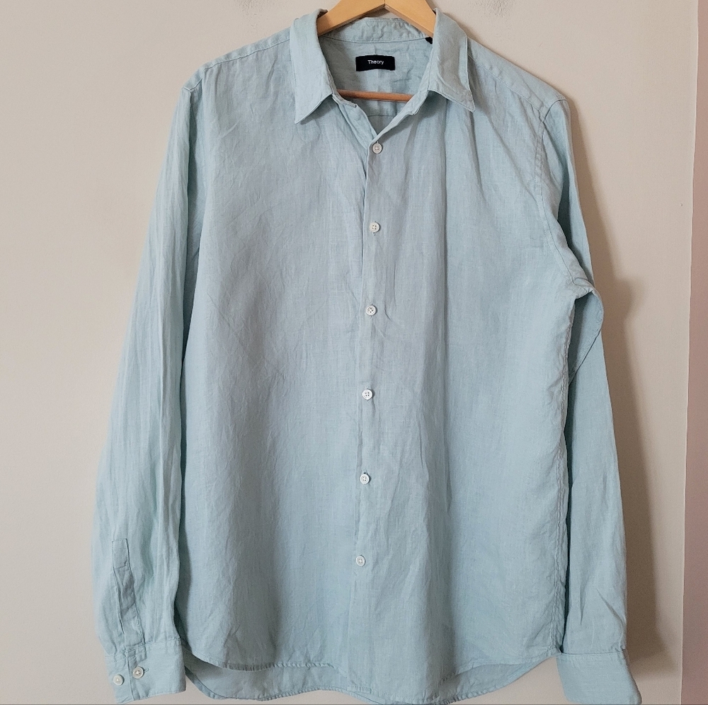 Theory Men's Irving Linen Button Up Long Sleeve Dress Shirt Light Green Size L